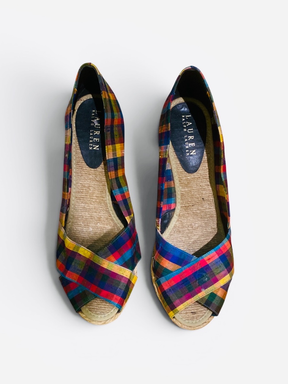 Lauren Ralph Lauren Multicolor Plaid Espadrille Wedge - Red Blue Yellow Green
